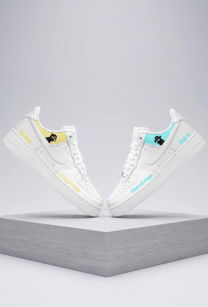 Custom white Air Force 1 pair: Shibo in yellow and Bark in cyan, doginal dogs details, on a wood pedestal
