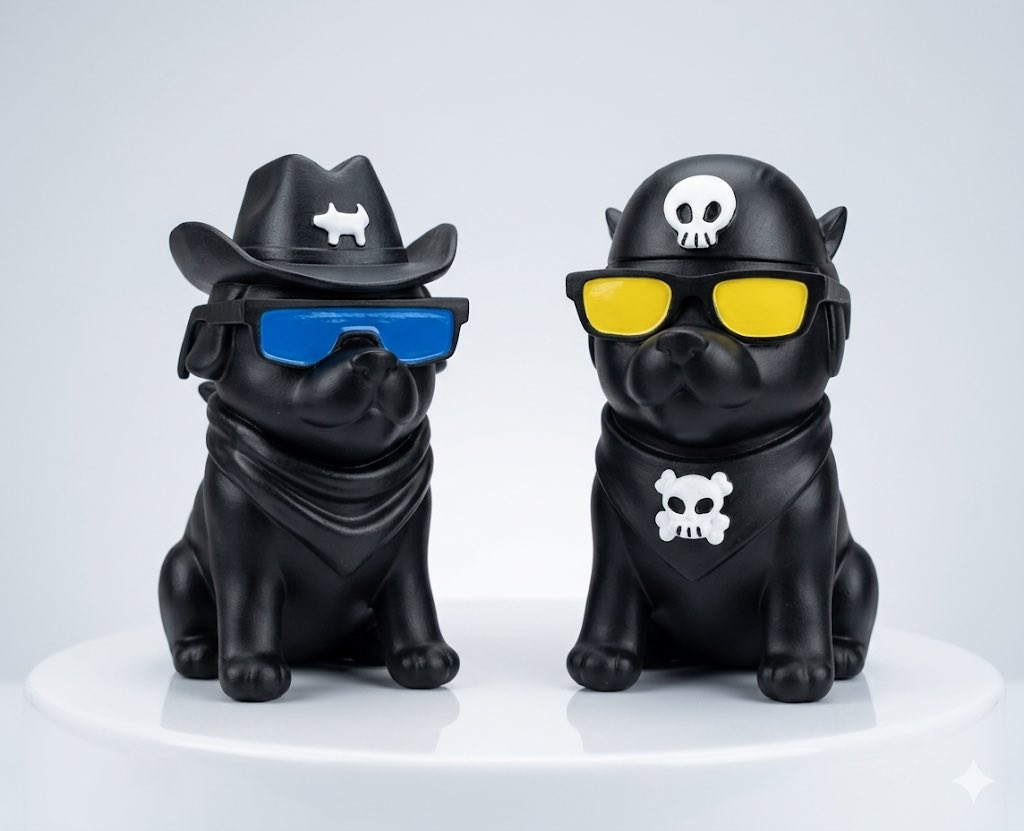 Two matte black Doginal Dogs figurines with cowboy and biker styling